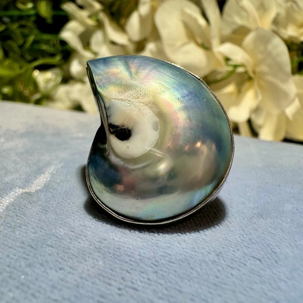 Vintage Osmena Pearl Nautilus shell Handmade statement ring 925 sterling silver